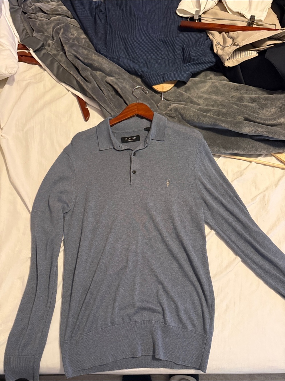 All Saints Men's Dusty Blue Long-Sleeve Polo